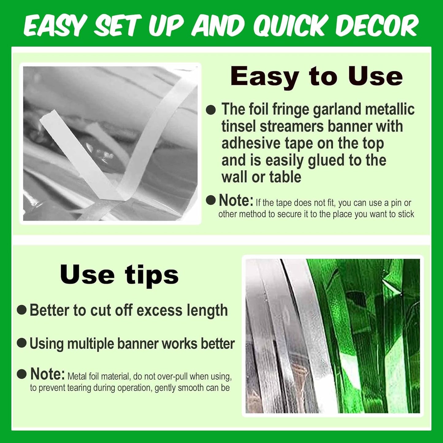 4 Pack 10 Ft Silver Green Foil Fringe Garland Metallic Streamers Tinsel Banner Wall Hanging Garland Backdrop for Parade Floats, Halloween, Christmas, Thanksgiving, New Year Party Decorations