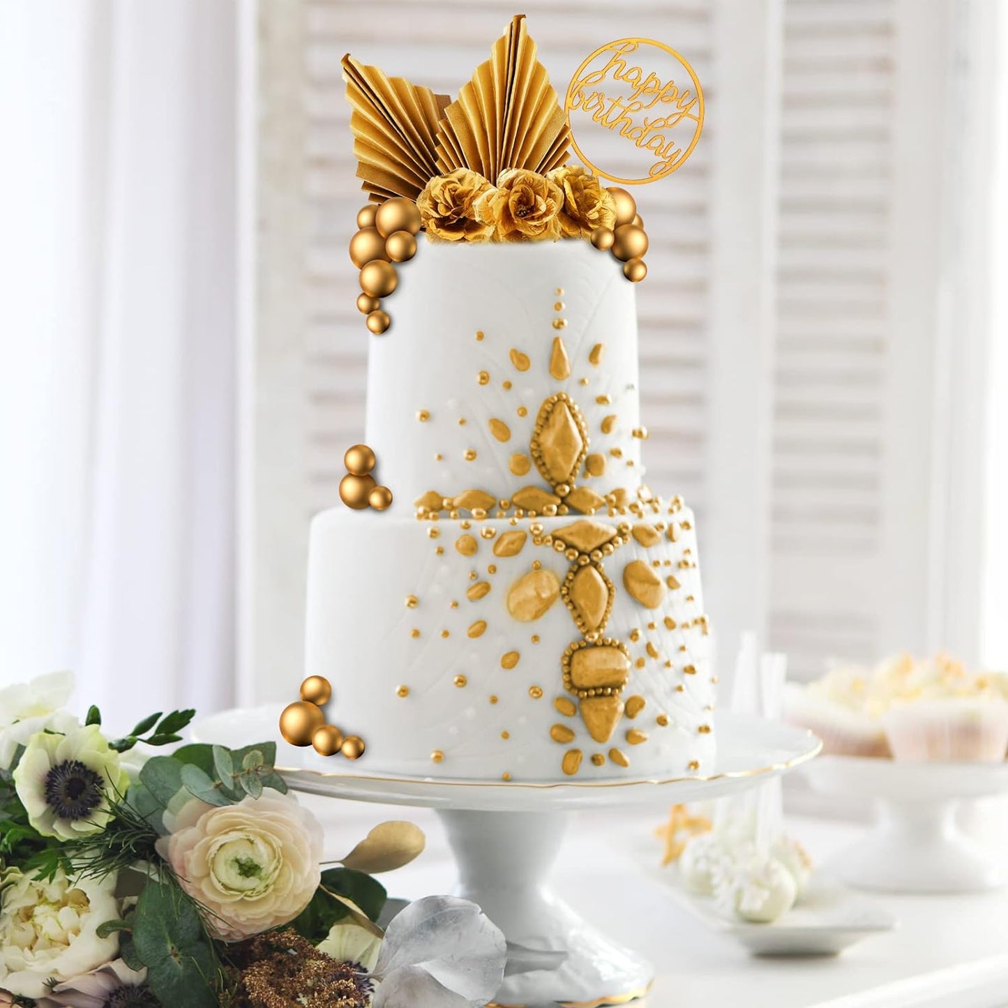 Shimeyao 52 Pcs Wedding Birthday Gold Cake Decoration Boho Cake Topper Pink Purple Flower Butterfly Palm Leaves Balls Toppers for Women Baby Shower Party Decoration(Gold)