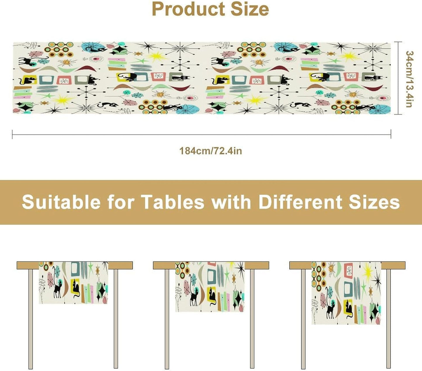 Colorful Geometric Table Runner,Vintage Mid Century Cute Cat Abstract Morden Print Tablecloth Burlap for Hotel Indoors Outdoor Dining Room Kitchen Home Decor, 13x60in