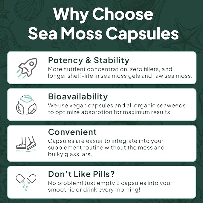 Wild Sea Moss Capsules - 100% Organic Irish Sea Moss with Organic Chlorella, Bladderwrack and Vitamin D for Energy, Lung Health and Thyroid Support for Women and Men - 60 Capsules