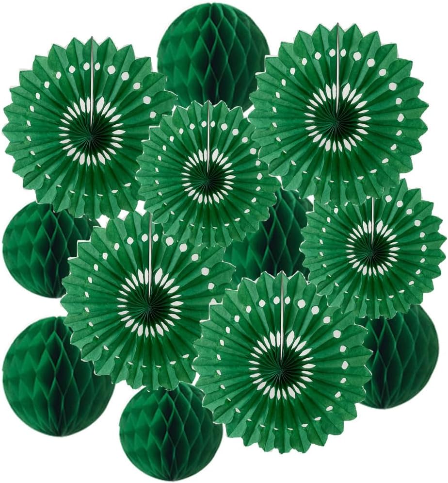 12pcs 6’’ 8’’ Honeycomb Balls Tissue Paper Fans Party Honeycomb Ball Fans Wall Tissue Pom Poms Flower Balls Hanging Paper Fans For Party Baby Shower Birthday Wedding Nursery Wall Decor(dark green set)