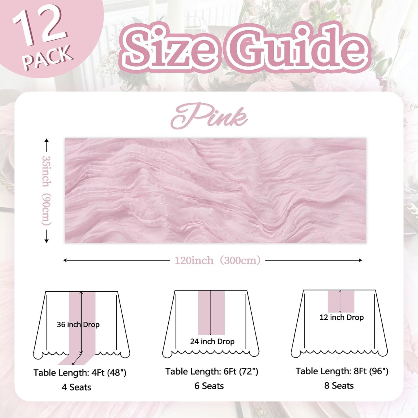 12 Pack Pink Cheesecloth Table Runner 10ft Boho Gauze Fabric Cheese Cloth Table Runner 35 x 120 Inch Rustic Sheer Runner for Romantic Wedding Decor Baby Shower Party Table Centerpiece Decoration