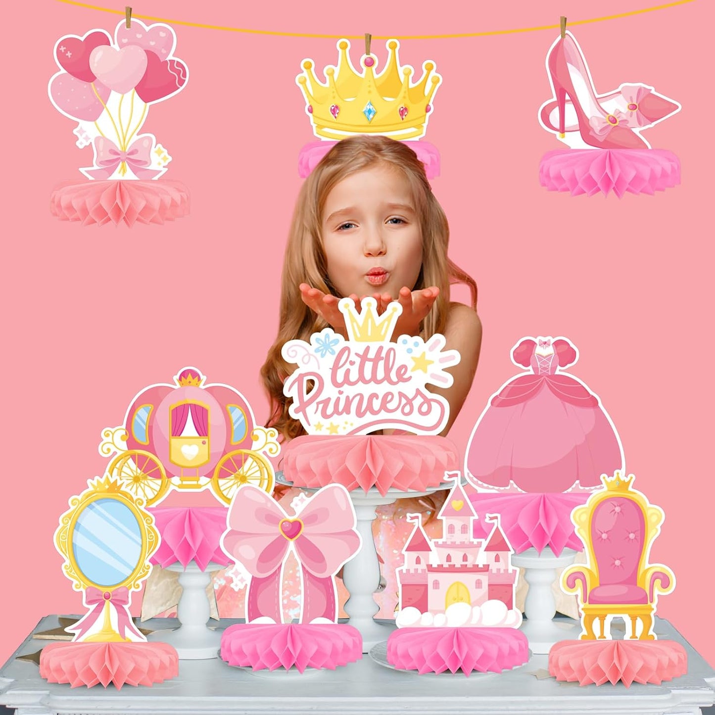 Princess Birthday Party Supplies Kit - Princess Themed Honeycomb Centerpiece ，Table Decorations for Kids' Princess Themed Birthday Party Decorations