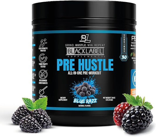 BLACKLABEL Supplements PRE Hustle V3 Pre-Workout Powder – NSF Certified for Sport – Energy, Strength & Endurance Support – Blue Razz – with Creatine & Caffeine – 30 Servings