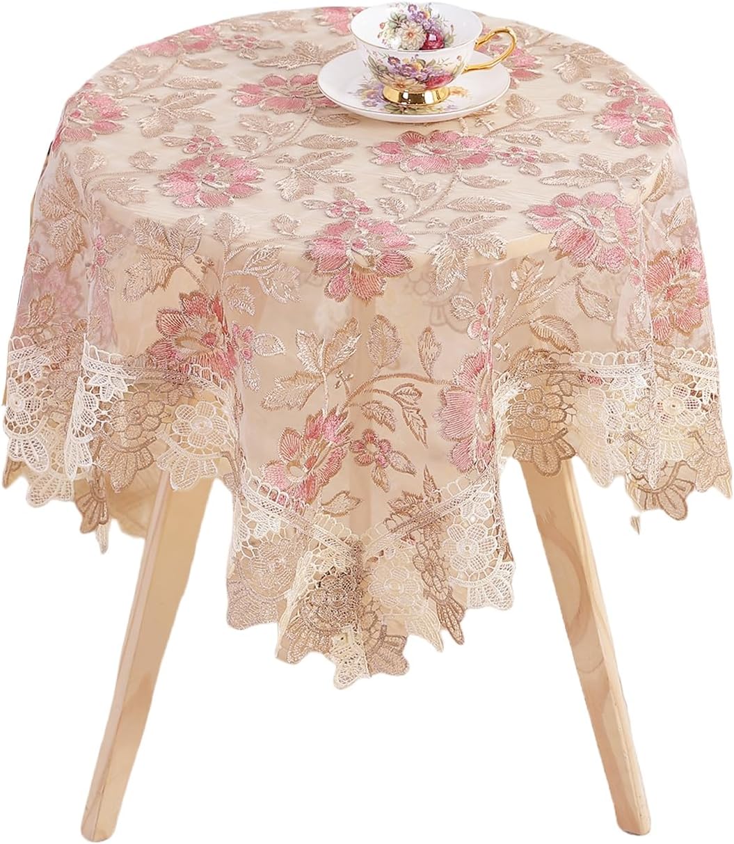 Round Embroidered Lace Tablecloth Vintage Decorative Exquisite Border Table Cover for Party Wedding Home Decorations, Round-70, Pink