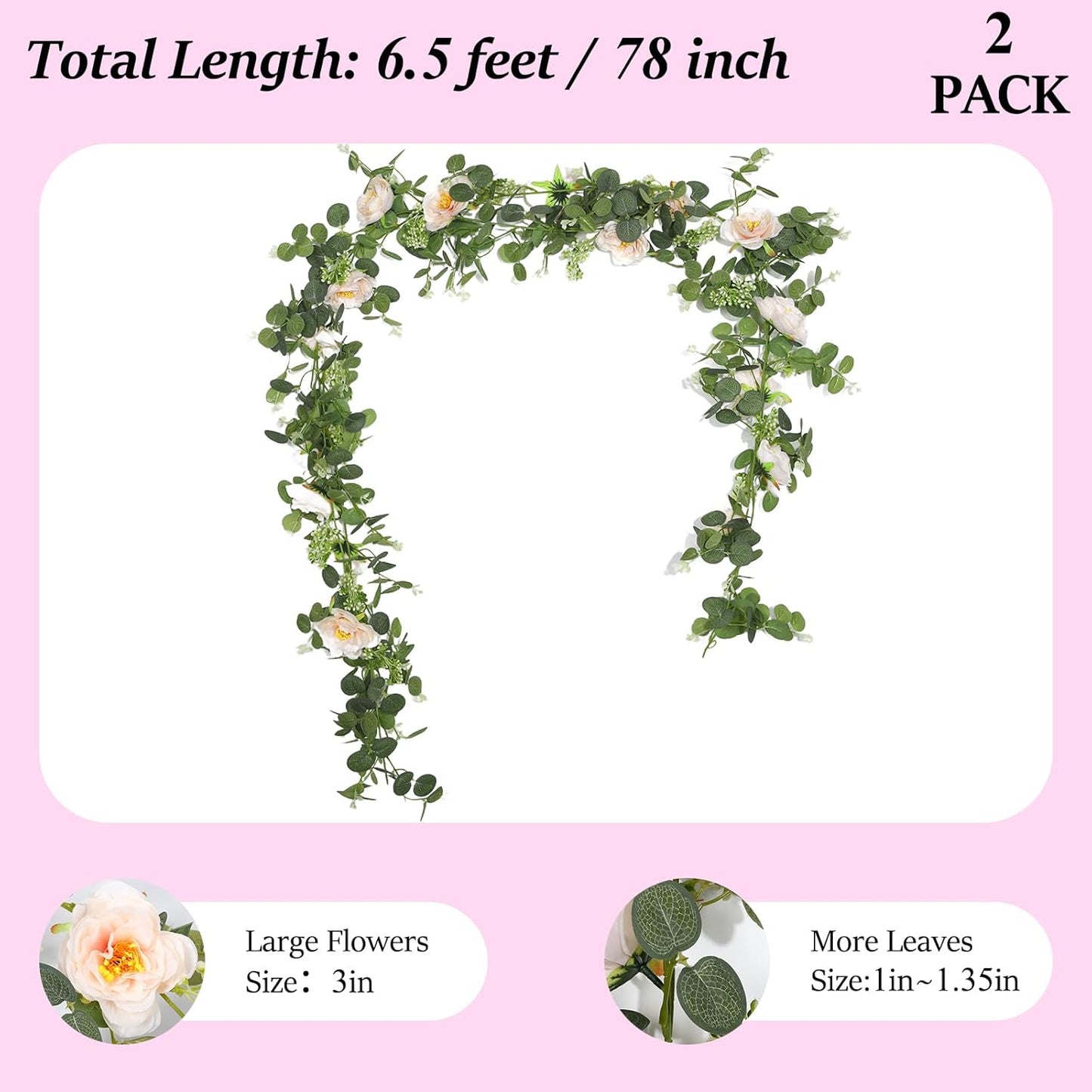 2Pcs Total 13 feet Eucalyptus Flower Garland with Fake Rose Flower, Artificial Fake Flowers Greenery Garland Floral Vines for Decoration Party Wedding Table Indoor Outdoor Backdrop Wall Decor（Pink）