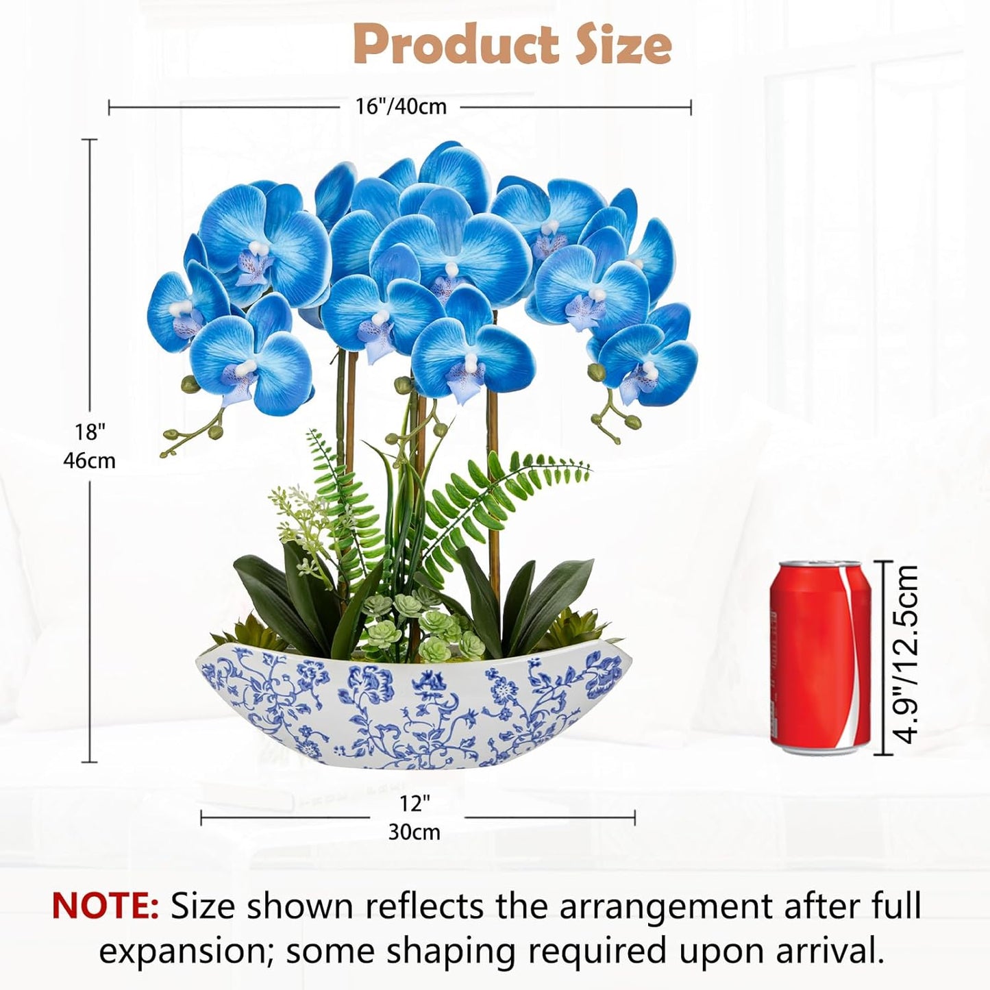 Briful Blue Orchid Artificial Flowers 18in Fake Orchid Silk Flowers with Blue and White Ceramic Pot Faux Orchid Arrangement for Home Office Room Dining Table Centerpiece Modern Decor