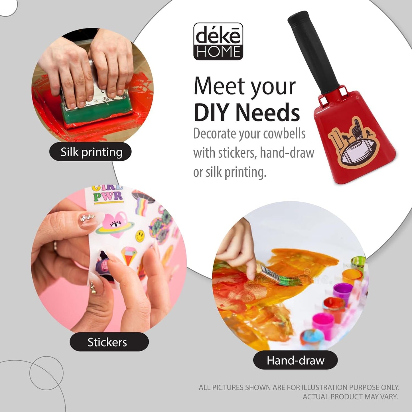 Deke Home - 2 Pack 7 Inch Steel Cowbells with Handle, Loud Noise Makers for Football, Sports, Parties, Competitions, School Spirit & Safety, Large Hand Bell for Cheering & Percussion Instrument