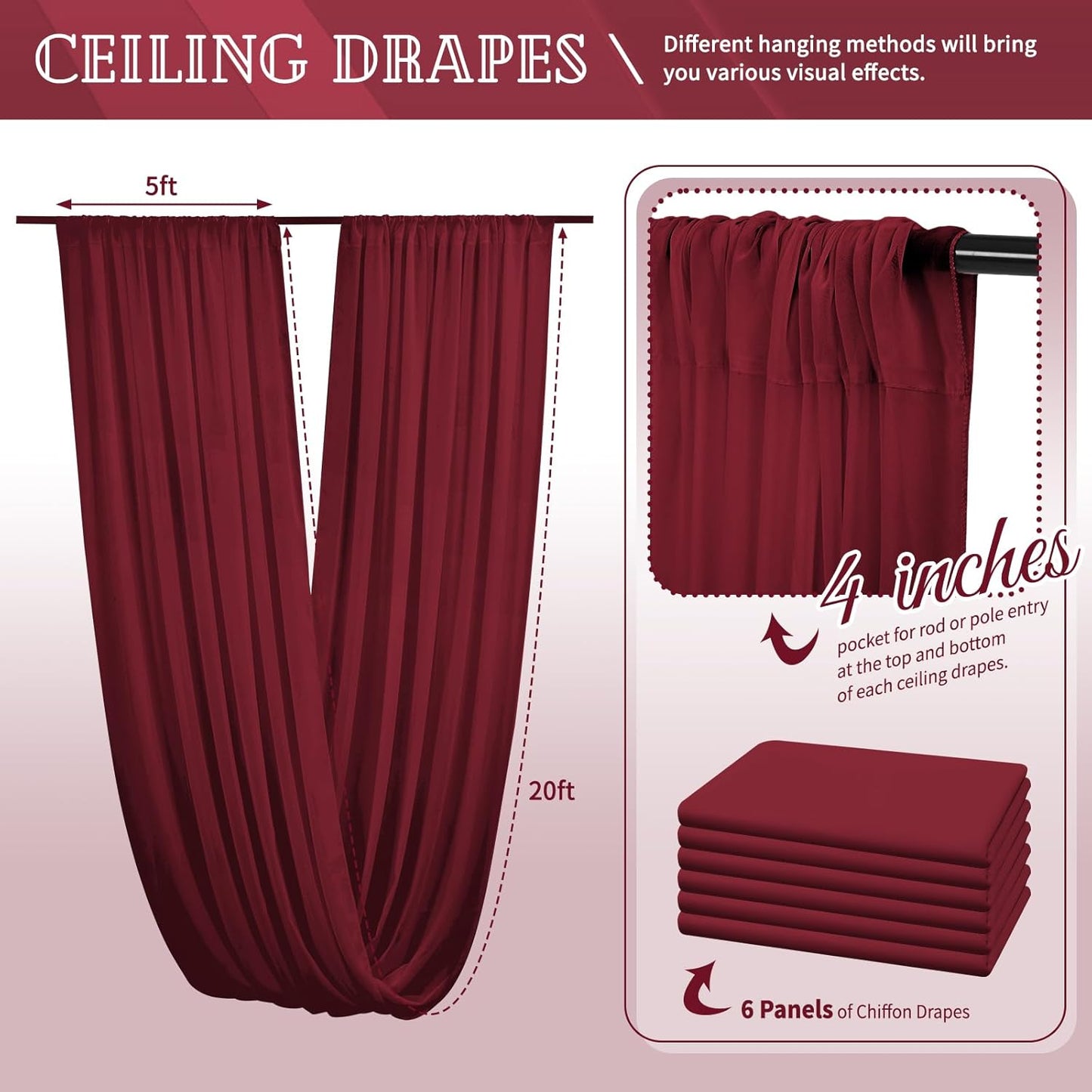 6 Panels Burgundy Ceiling Drapes for Wedding 5ftx20ft Chiffon Fabric Arch Draping Curtains Sheer Drapery for Party Ceremony Birthday Baby Shower Reception Stage Swag Ceiling Decorations