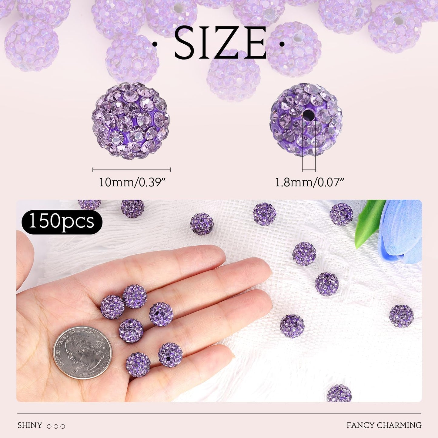 150 pcs 10mm Rhinestone Beads for Jewelry Making, Purple Shiny Round Shamballa Disco Beads Bulk, Sparkle Crystal Clay Christmas for Bracelet Baseball Necklace Earring Crafting and DIY