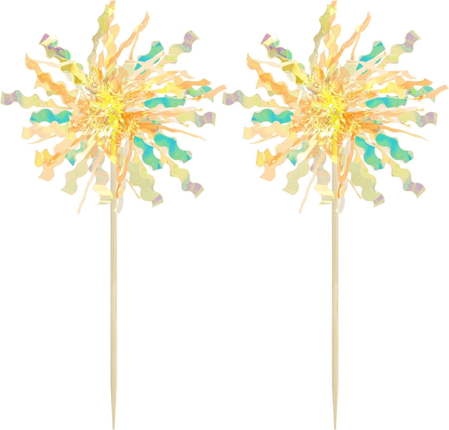 Gyufise 20Pcs Foil Firework Cupcake Toppers Happy Birthday Cake Toppers Tinsel Flower Drink Stirrers Cocktail Food Fruit Toothpicks for Valentine's Day Party Birthday Wedding Supplies Yellow
