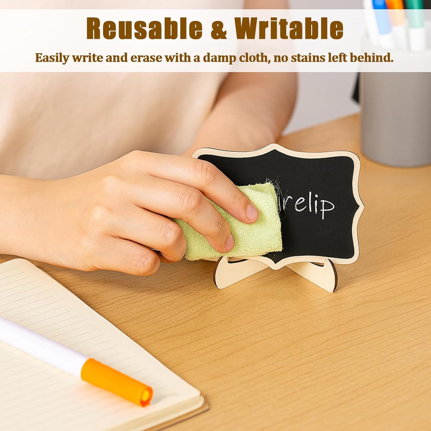 10PCS Mini Chalkboard Signs, Framed Small Chalk Board Food Labels with Easel Stand, Reusable Writable Blackboard with 2 Chalks, Wood Place Cards for Weddings, Birthday Parties, Buffet (Flower)