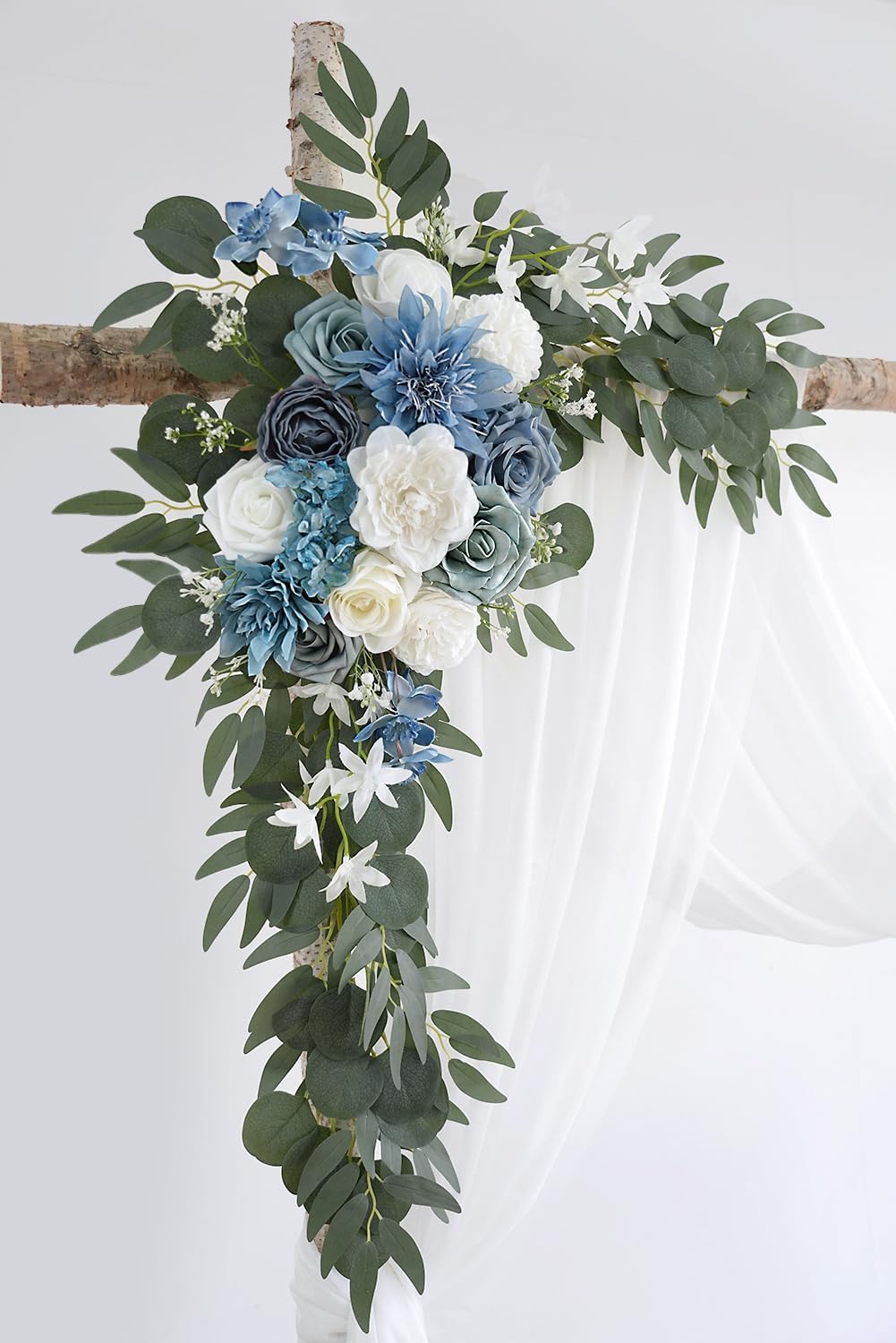 Light Blue Artificial Wedding Arch Flowers Kit (Pack of 3) with 26Ft White Shiny Arch Draping Fabric for DIY Wedding Party Ceremony Reception Backdrop Floral Decoration