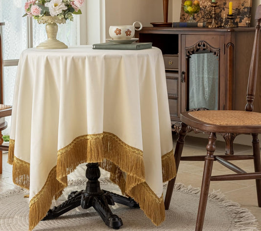 F-CHU White Tablecloth Thickset Velvet Tablecloth with Beautiful Gold Tassels Vintage Table Cloth for Home Decor Wedding, Party, Banquet and Events 60x60-Inch