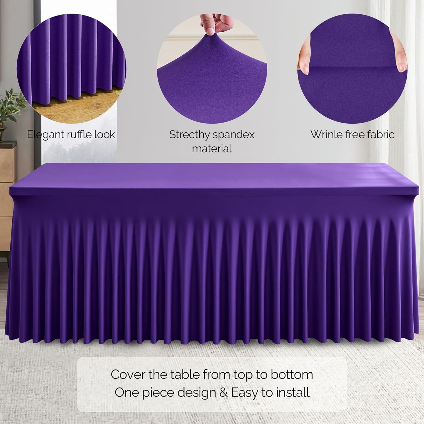 Wish Care 2 Pack Dark Purple Spandex Table Clothes for 4 Foot Rectangle Tables, 4FT Wrinkle Free Fitted Tablecloths Ruffles Design Table Cover for Party, Banquet, Wedding and Events