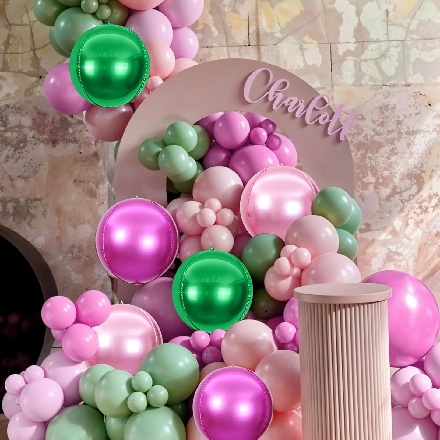6Pcs Green Pink Round Foil Balloons,Giant 4D Round Ball Balloon,22 Inch Metallic Green Pink Balloons for Birthday Wedding Graduation Prom Party Decorations