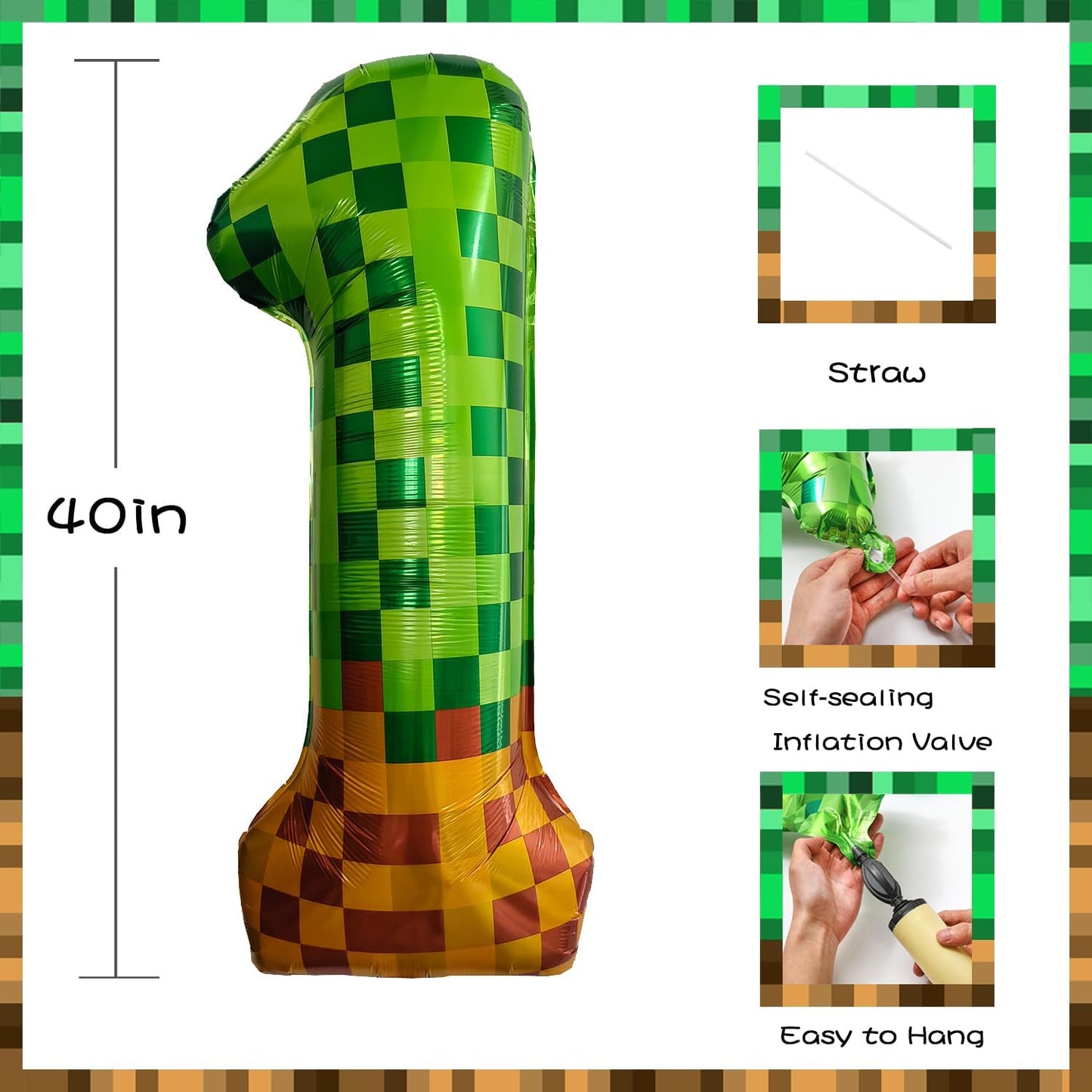 Pixel & TNT Theme 40in Giant Number Balloons - Foil Mylar Birthday Party Decorations for Kids Adults Cumpleaños, Block Style Pixel Art Shape Balloon Decor Supplies (Pixel, Number 1)