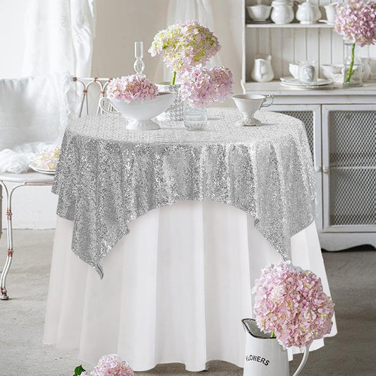 Square Silver Sequin Tablecloth- 50x50 inch, Seamless Sparkle and Glitter Party Table Cloth, Shiny for Wedding Birthday Ceremony Prom Table Decorations