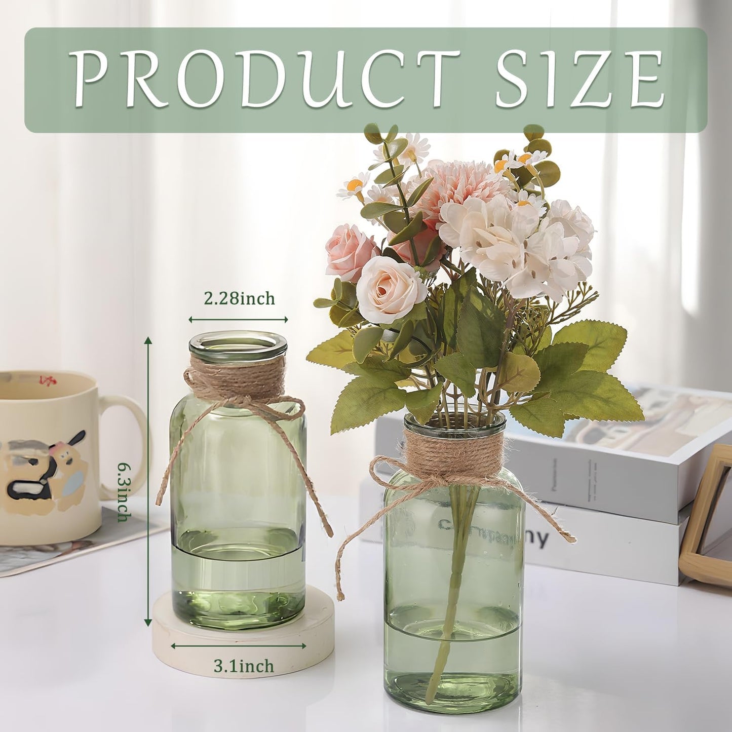 Green Glass Flower Vases for Centerpieces Set of 6, Mason Jars Boho Cylinder Bud Vases in Bulk, for Weddings Parties Vintage Home Decor