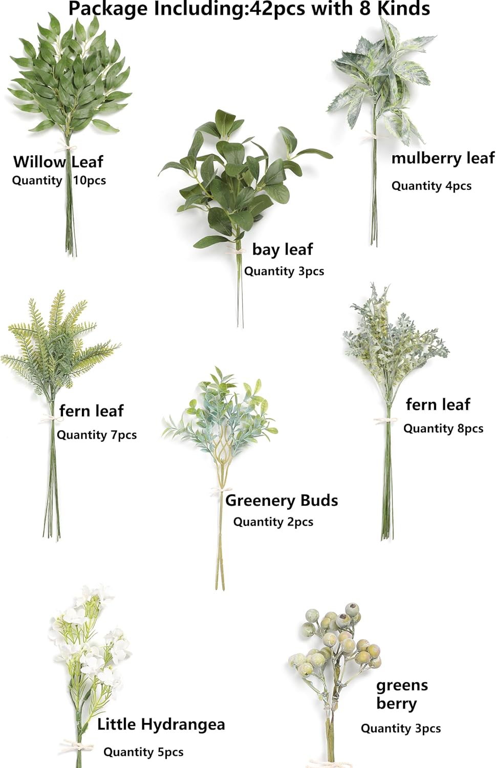 Serra Flora Artificial Greenery Stems Box Set,(Pack of 42pcs) with 8 Kinds of Faux Pink Green Filler for DIY Bridal Bouquets Wedding Floral Arrangement Table Centerpieces