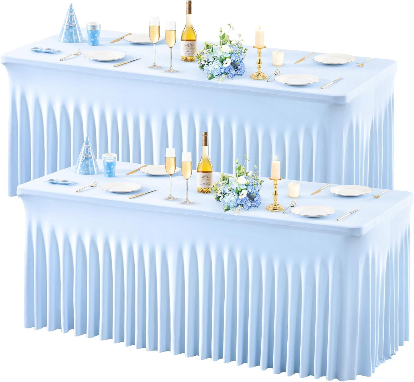 Wish Care 2 Pack Baby Blue Stretch Spandex Table Clothes for 4 Foot Rectangle Tables, 4FT Wrinkle Free Fitted Tablecloths Ruffles Design Table Cover for Party, Banquet, Wedding and Events
