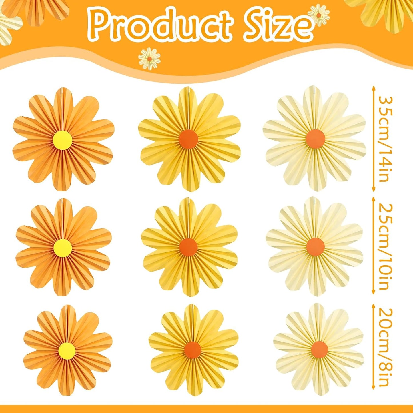 SUNBEAUTY 9 PCS Orange Paper Flowers Decorations for Wall Paper Fans Daisy Decoration Paper Floral Backdrop Decor Paper Fans Decoration