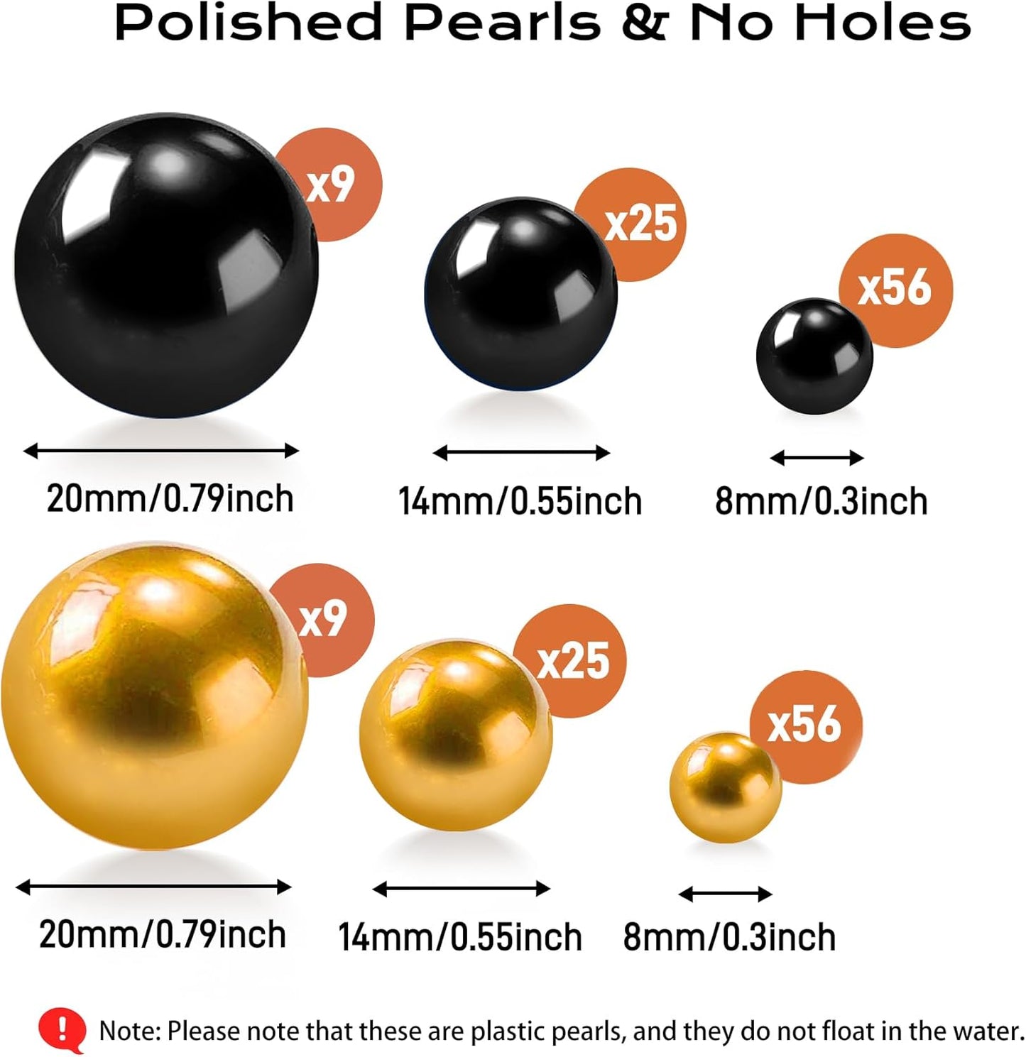 180PCS Black Gold Beads for Centerpieces Vases, No Hole Polished Pearl Makeup Beads Mixed 8/14/20mm Sizes, Pearl Vase Fillers Table Scatters for Party Wedding Decor