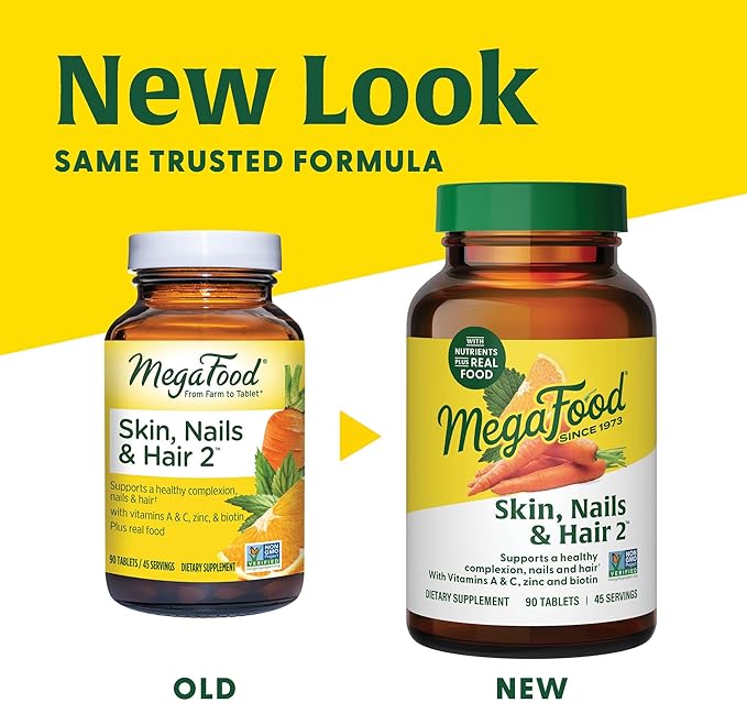 MegaFood Skin, Nails & Hair 2 - Vitamins for Women & Men - Biotin, Vitamin A, C, Zinc, B6, E, Pantothenic Acid - Vegan - Made Without 9 Food Allergens - 60 Tabs (30 Servings)