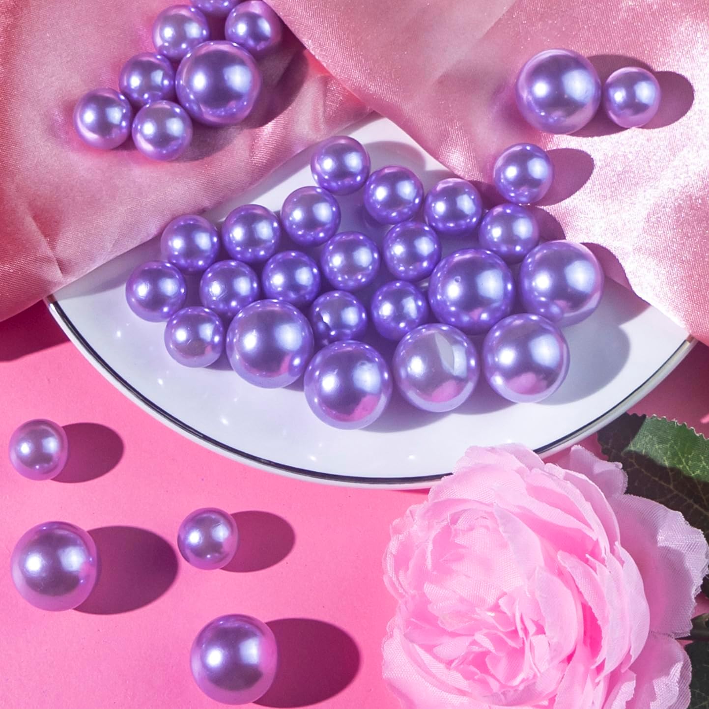 150Pcs Light Purple Polished No Hole Faux Pearl Beads for Vase Filling Decorations, Plastic Pearls Vase Fillers, Table Scatters, Wedding Centerpiece, Home Decor, 8/14/20 mm