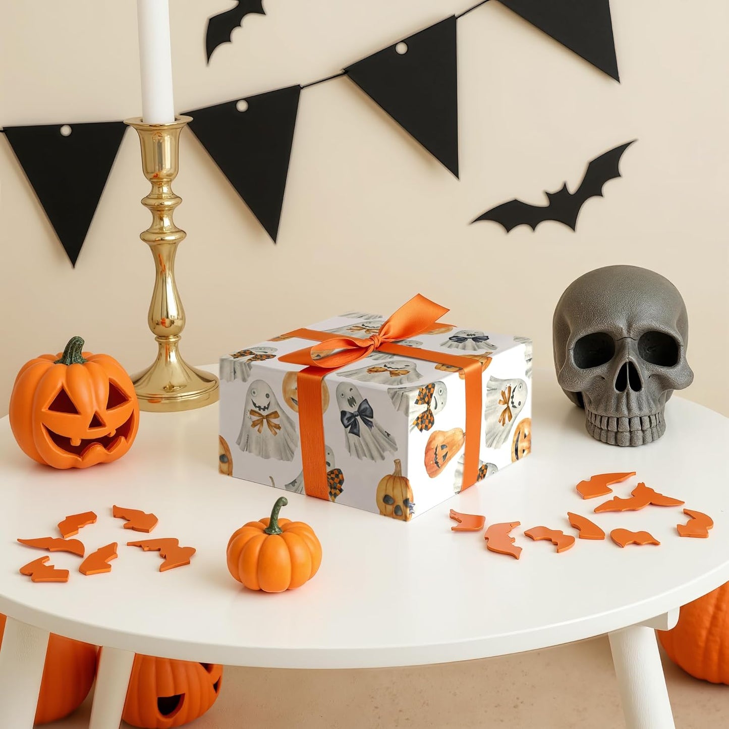 LeZakaa Halloween Wrapping Paper Roll for Kids, Watercolor Ghosts Pumpkins with Bows Spooky Soft Vintage Design, for Trick-or-Treat Decor,Aesthetic Holiday Packaging, Mini Roll 17 in x 16.4 Ft