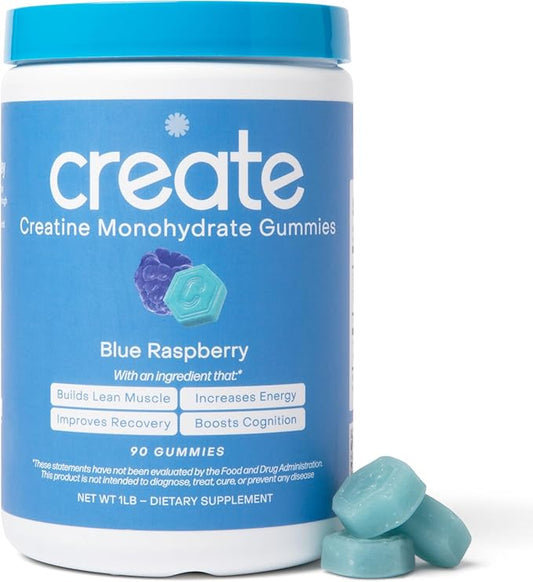 Create Creatine Monohydrate Gummies for Men & Women, Boost Focus, Strength, and Endurance, Anti-Melting Formula, Vegan, Gluten-Free, Non-GMO, 1.5g of Creatine per Gummy (Blue Raspberry, 90 ct)