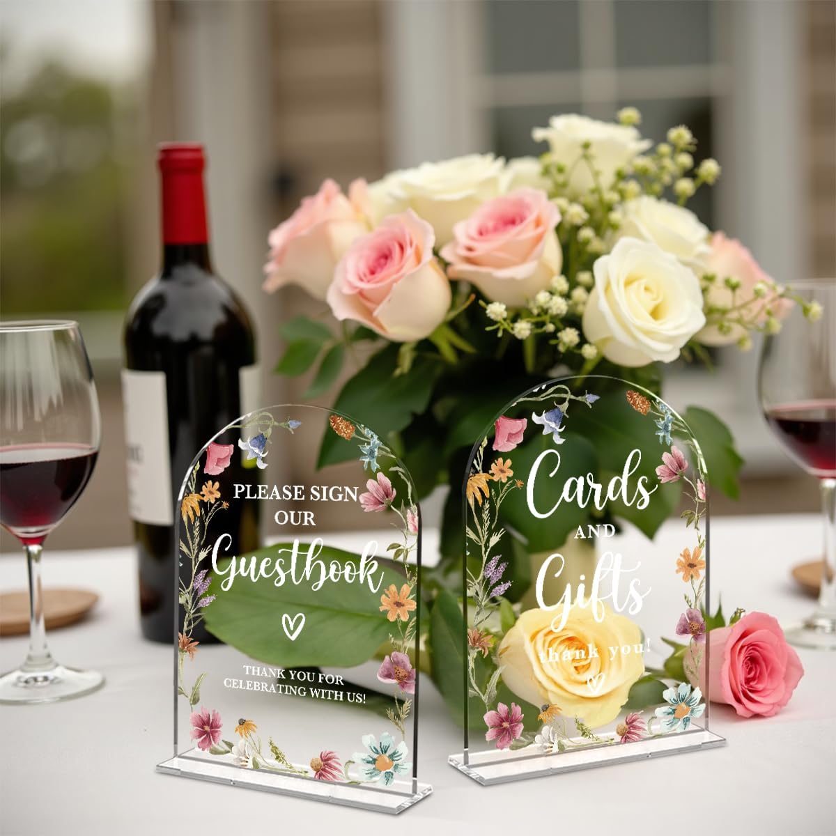 2 Pcs Acrylic Wedding Signs for Reception, Bridal Shower Decorations, Cards and Gifts Signs, Guest Book Sign, Arch Acrylic Table Top Sign with Holder for Wedding Reception (Clear Wildflowers)