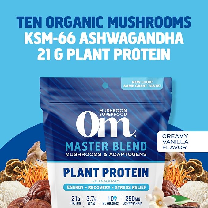 OM MUSHROOM SUPERFOOD Master Blend Plant-Based Protein Powder, 16 Servings, Creamy Vanilla with 10 Mushroom Blend & Adaptogens for Recovery, GLP-1 Support