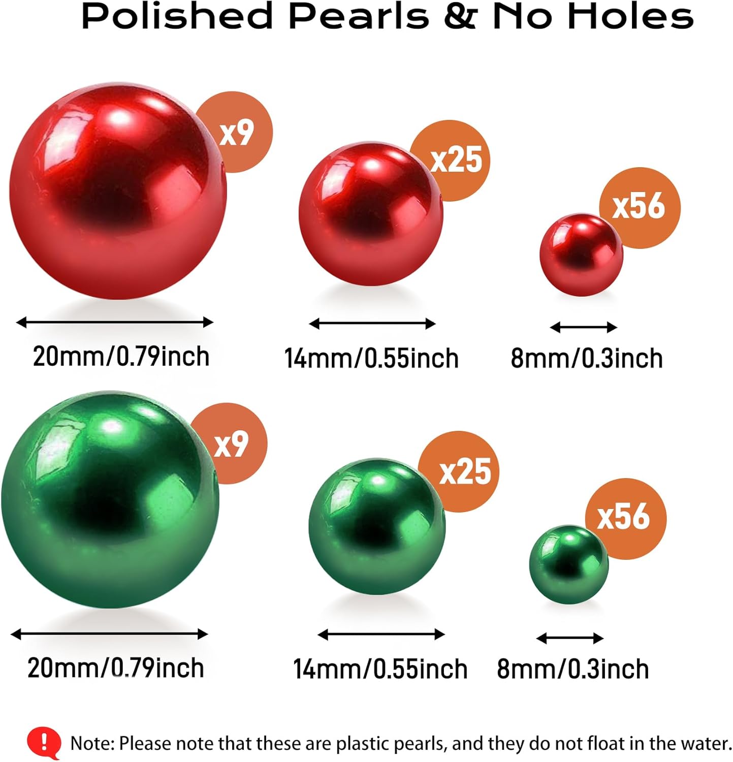 180PCS Red & Green Beads for Centerpieces Vases, No Hole Polished Pearl Makeup Beads Mixed 8/14/20mm Sizes, Pearl Vase Fillers Table Scatters for Party Wedding Decor