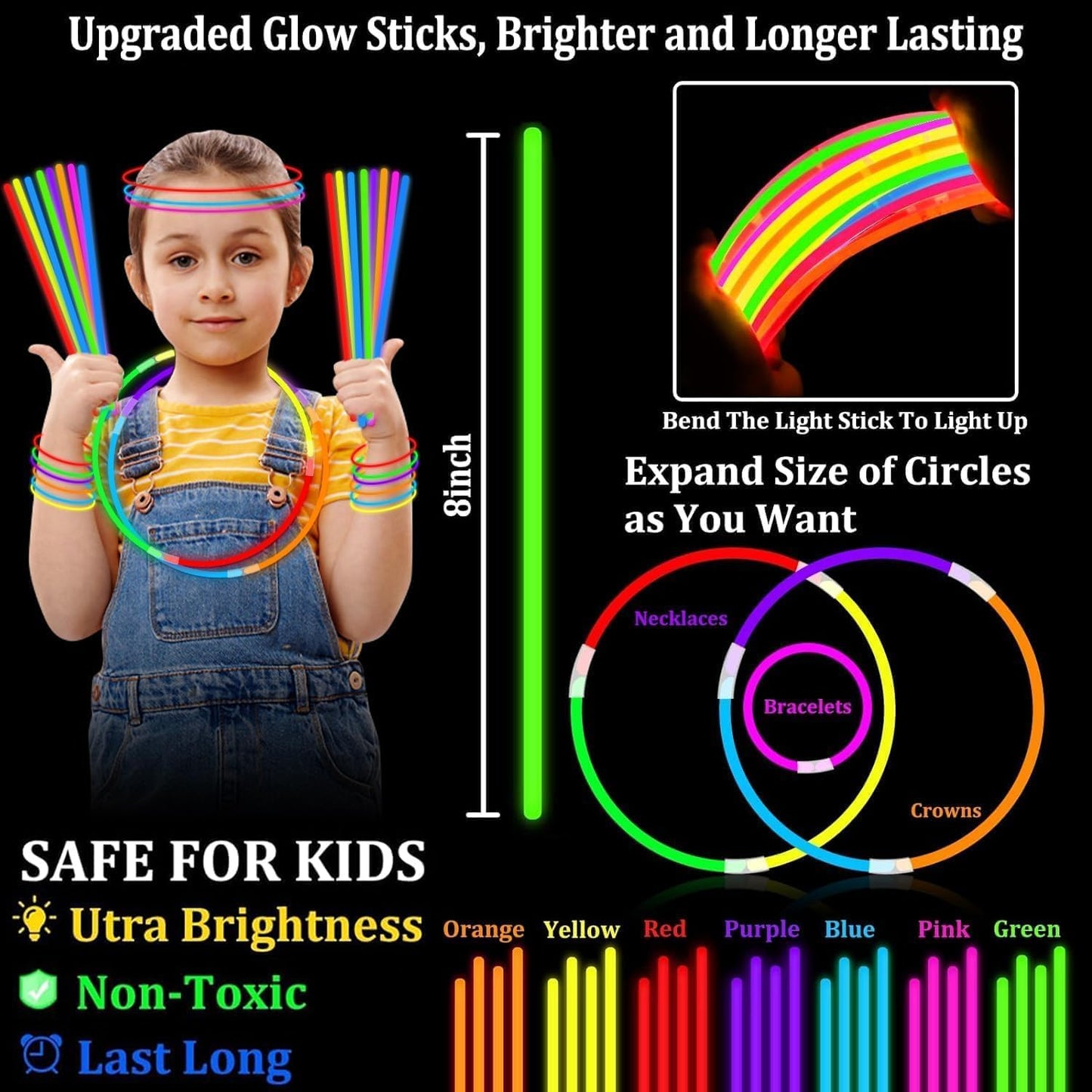 TURNMEON 100 Pack Ultra Bright Glow Sticks Bulk Party Pack Glow In The Dark Party Supplies Glow Sticks Necklaces Bracelets with Connectors 8" Glow stick Light Up Toy Birthday Wedding Pool Halloween