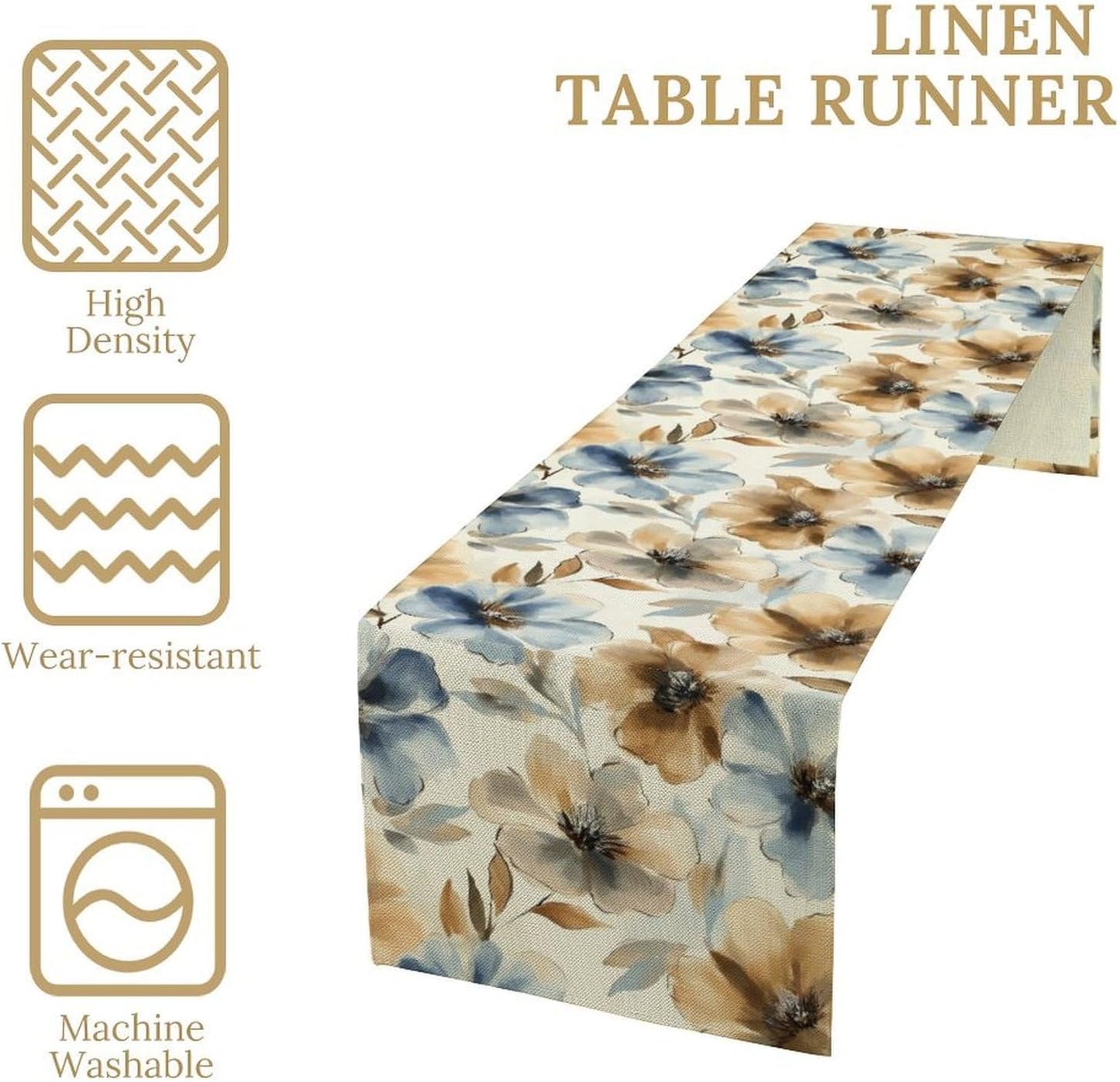 Poppy Floral Table Runner, Watercolor Brown Blue Flowers Blossom Summer Nature Table Runner for Kitchen Dinning Table Runner Decor Home Wedding Party Holiday, 13x108 Inch