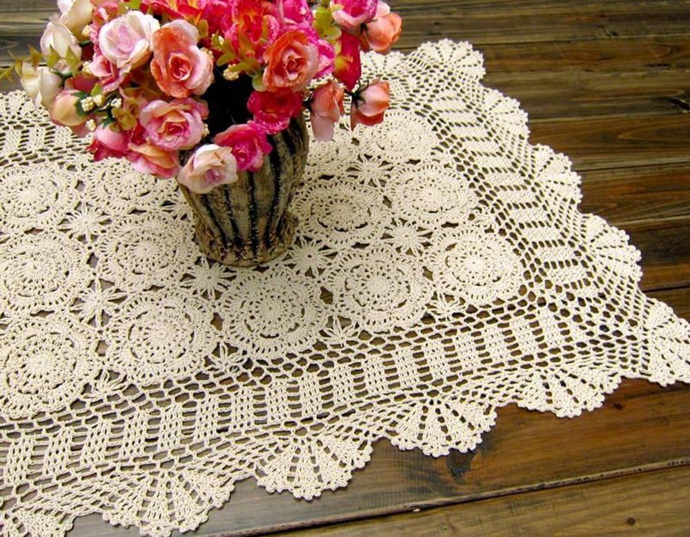 Cotton Handmade Crochet lace Table Runners Rectangular Tablecloth Doilies Doily Table Dresser Scarf Décor,19x31Inch,Beige