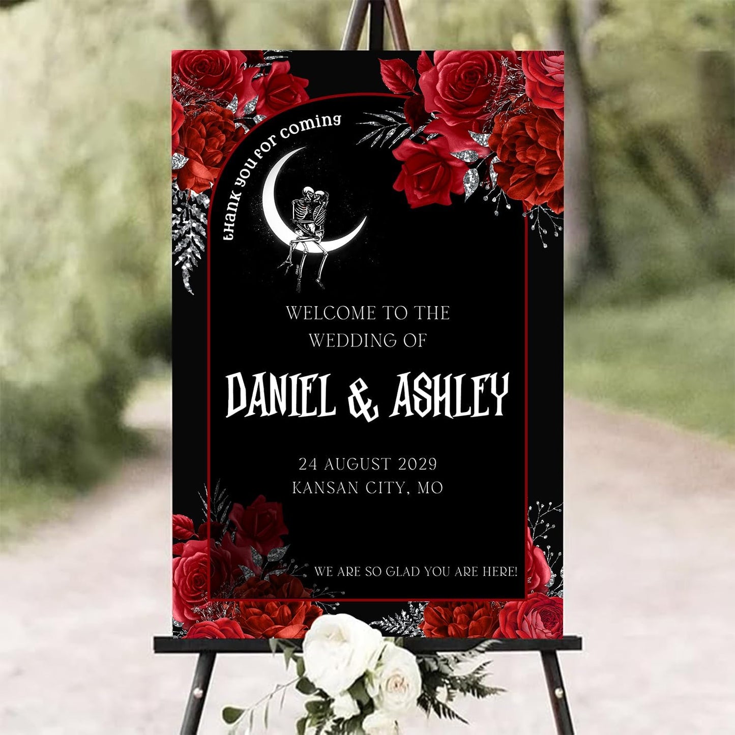 Gothic Halloween Welcome Sign, 4mm Thick Plastic, 12"x18", 28"x24", 18"x27", 24"x36", Black, Burgundy, Ground Stake, Wedding Sign