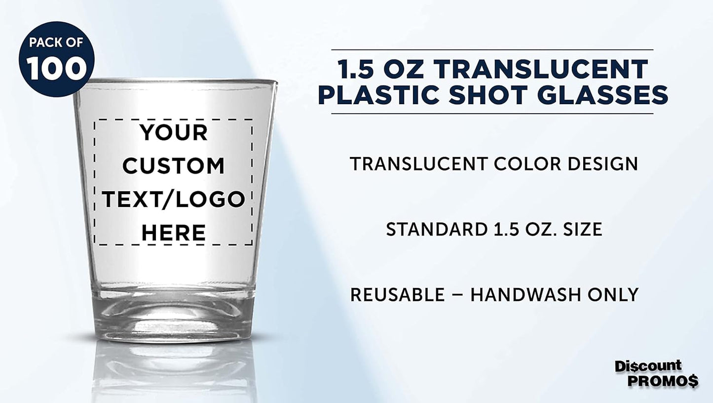 Custom Translucent Plastic Shot Glasses 1.5 oz. Set of 100, Personalized Bulk Pack - Acrylic, Great for Wedding, Party, Birthday, Gifts - Clear