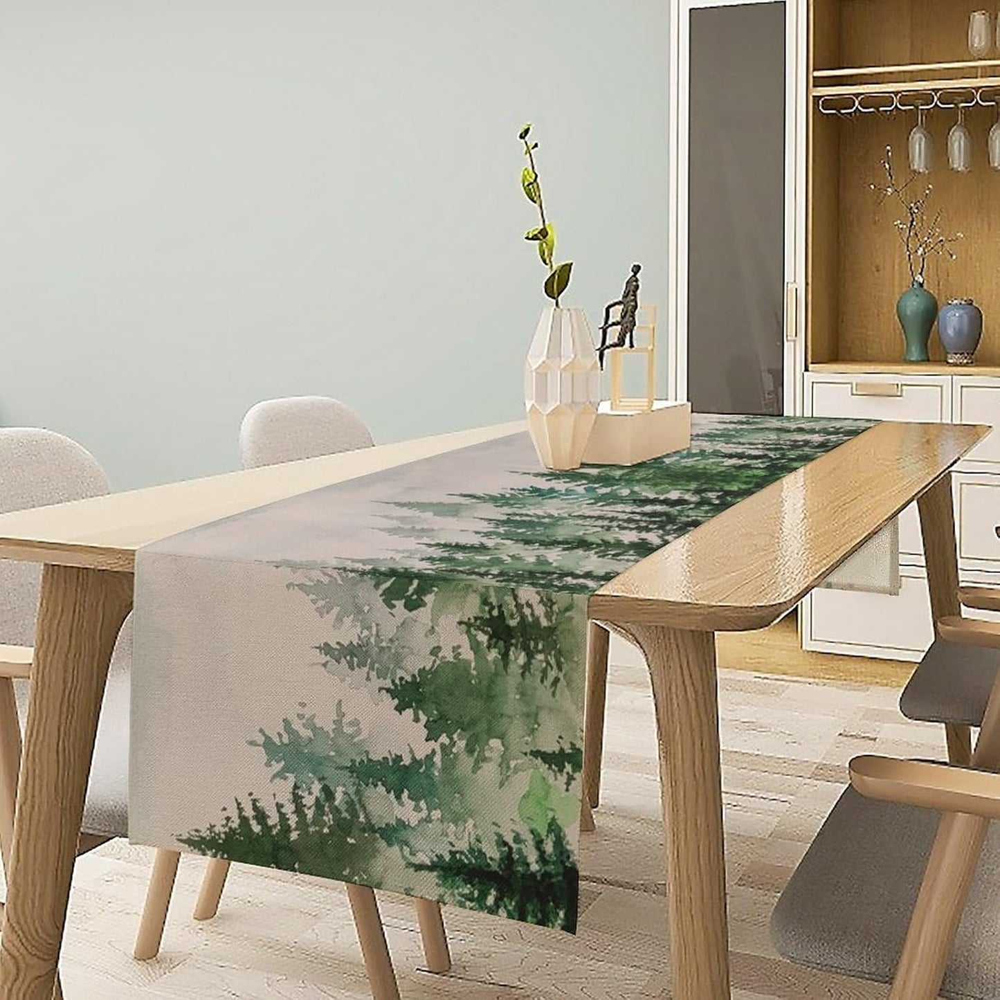 Foggy Forest Table Runner,Green Forest Natural Landscape Table Runner for Kitchen Dining Table Home Party Decoration 13x120 Inch