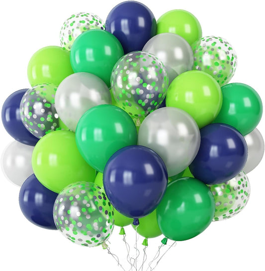 60 Pcs Navy Blue Matte Light Green Silver Latex Party Balloons with Green Silver Confetti for Birthday Party Decoration