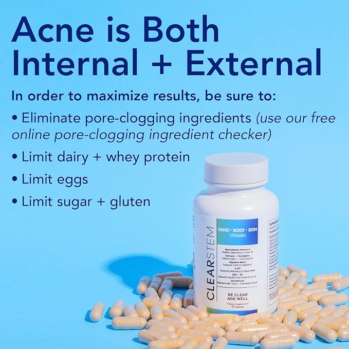 CLEARSTEM - MINDBODYSKIN Hormonal Acne Supplement (5-HTP) - Natural DIM Supplement - Skin Care Vitamins - Hormone Balance, Antioxidants - Gluten Free, Cruelty Free - 60 Servings, 180 Capsules
