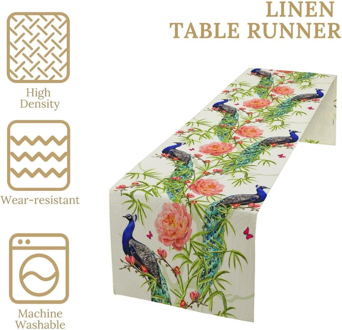 Peacock Table Runner,Seasonal Flower Plants Peacock Birds Table Runner for Home Kitchen Dining Party Indoor Outdoor Decoration 13x60 Inch