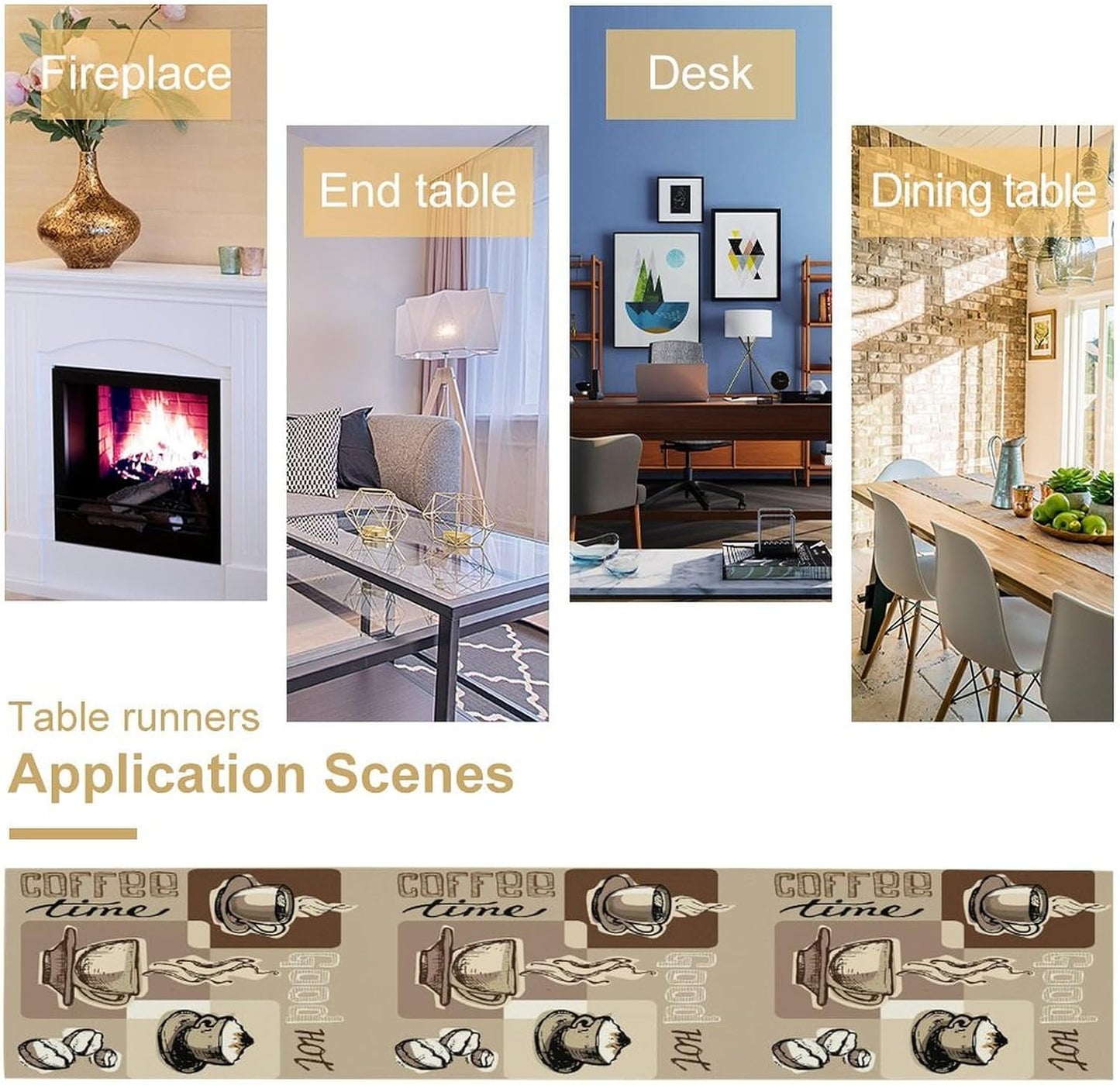 Coffee Table Runner,Vintage Style Coffee Cup Bean Abstract Theme Pattern Print Tablecloth Burlap for Hotel Indoors Outdoor Dining Room Kitchen Table Decor, 13x80in