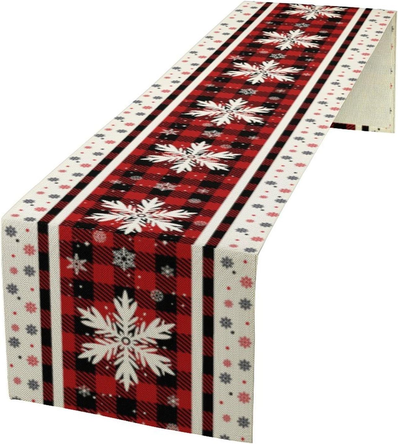 Snowflakes Christmas Table Runner,Red Buffalo Plaid Seasonal Winter Kitchen Dining Table Decoration for Home Party Decor 13x70 Inch