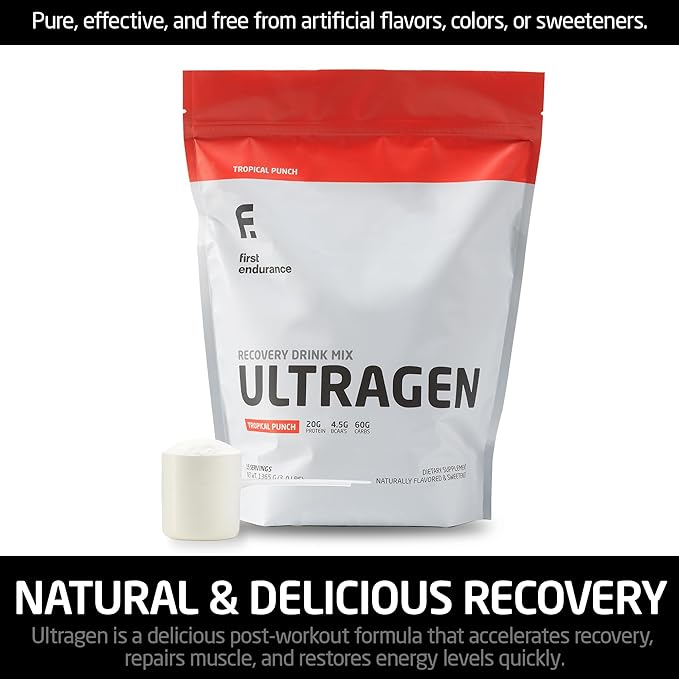 FIRST ENDURANCE Ultragen Workout Recovery Drink Powder, Protein Mix, Boosts Energy, Accelerates Recovery | Tropical Punch, 15 Servings