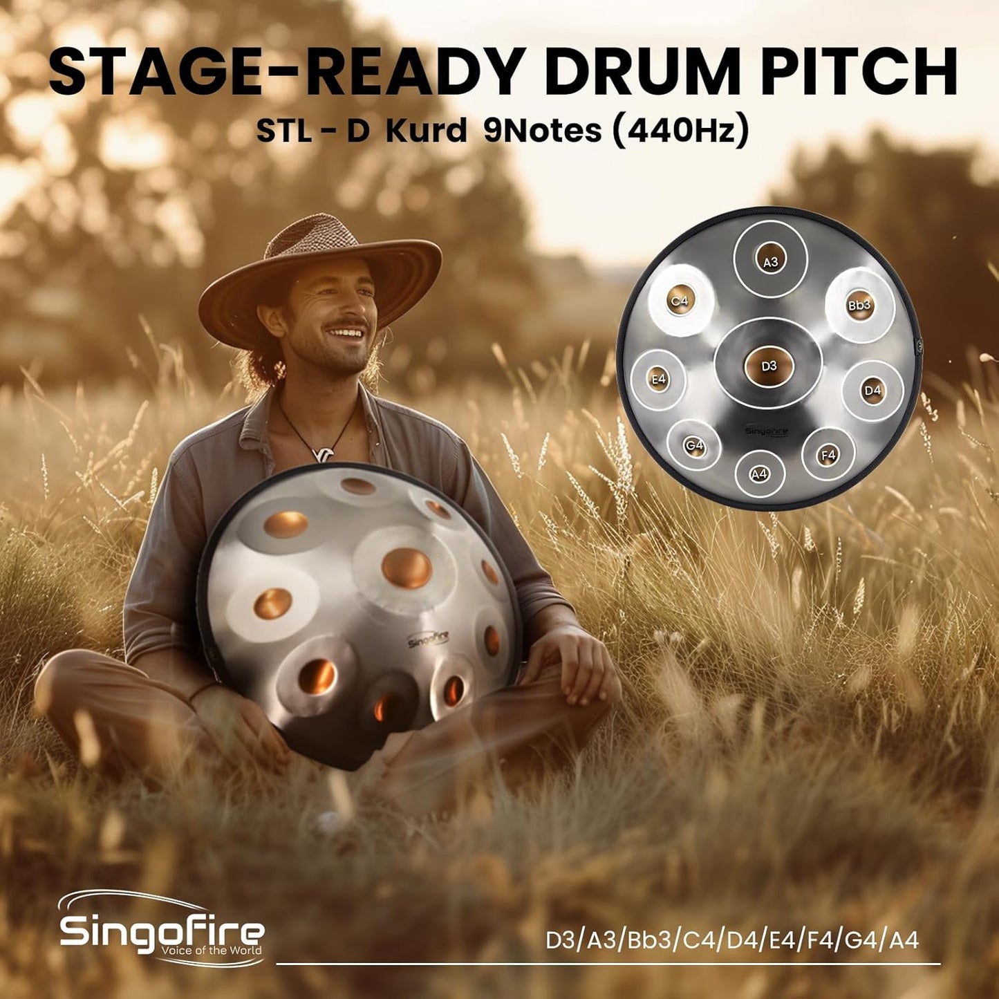"SINGOFIRE" 9-Notes Handpan Drum, Handpan Drums for Adults, 22-Inch 440Hz D Minor Kurd Handpan, HandPan Instrument with Soft Handpan Bag, 2 Handpan Mallets, Handpan Stand and Dust-Free Cloth(Gold Eye)