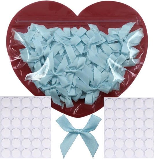 60pcs 1.7" Mini Light Blue Ribbon Bows Decor – Small DIY Satin Bows for Crafts, Little Sky Blue Bows for Gift Wrapping, Tiny Bow Stickers for Note Card Baby Shower Cake and Candle Decorations