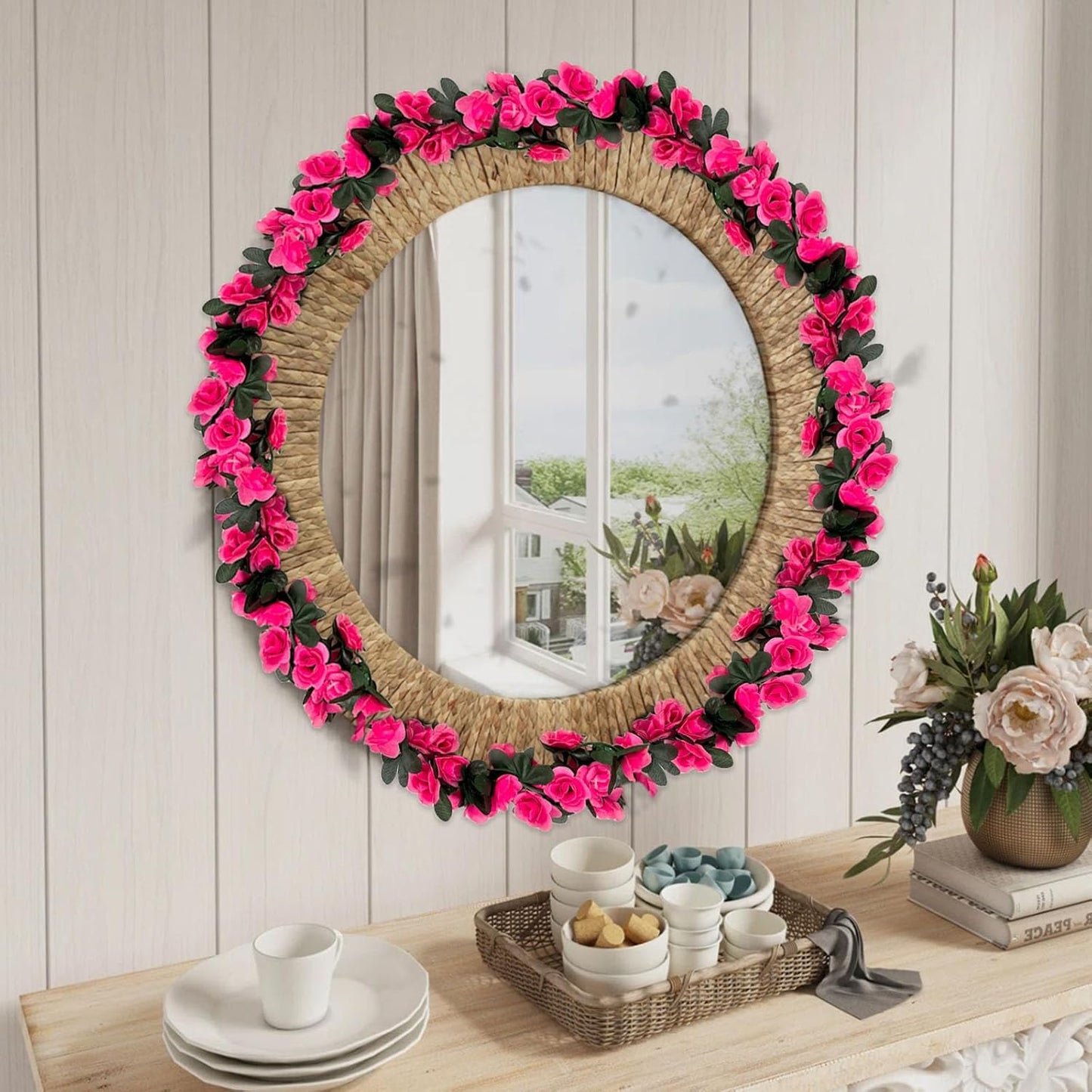 16Pcs 126Ft Fuchsia Rose Garland, Fake Rose Hanging Flowers, Artificial Flower Vine, Hanging Floral Vine Garland for Wedding, Birthday Party, Wall Arch, Halloween, Christmas Garden Backdrop Decor