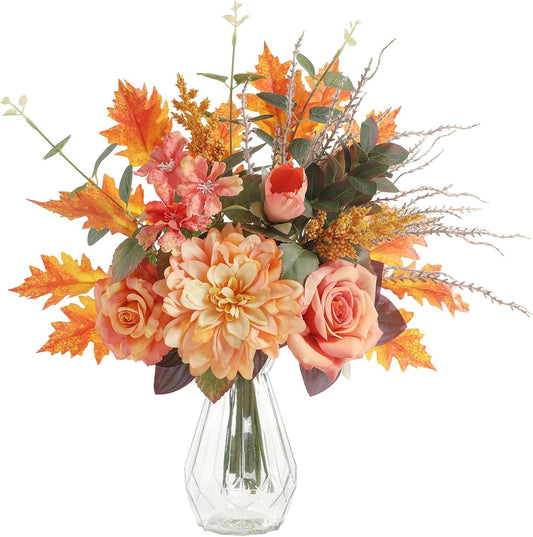 Artificial Flowers with Vase,Orange Silk Roses and Fake Plant Eucalyptus in Vase,Faux Flower Arrangement with Vase Suitable for Home Office Decoration, Living Room and Dining Table Centerpiece
